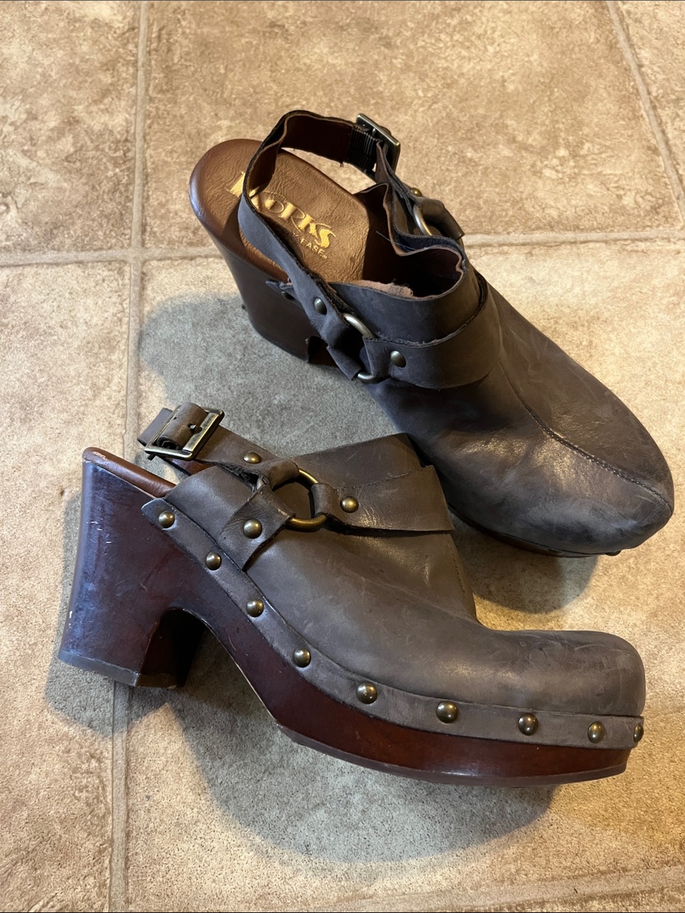 Korks Women Taupe Studded Leather Clog Slingback Boho Festival Hippie 70s 9/40.5